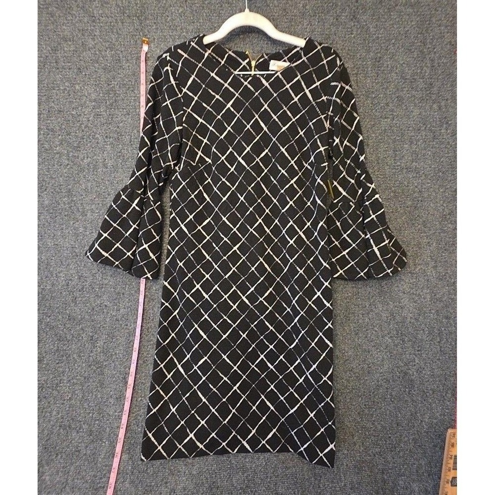 Calvin Klein Dress Womens 6 Black Geometric Knit Sheath 3/4 Bell Sleeve Zip